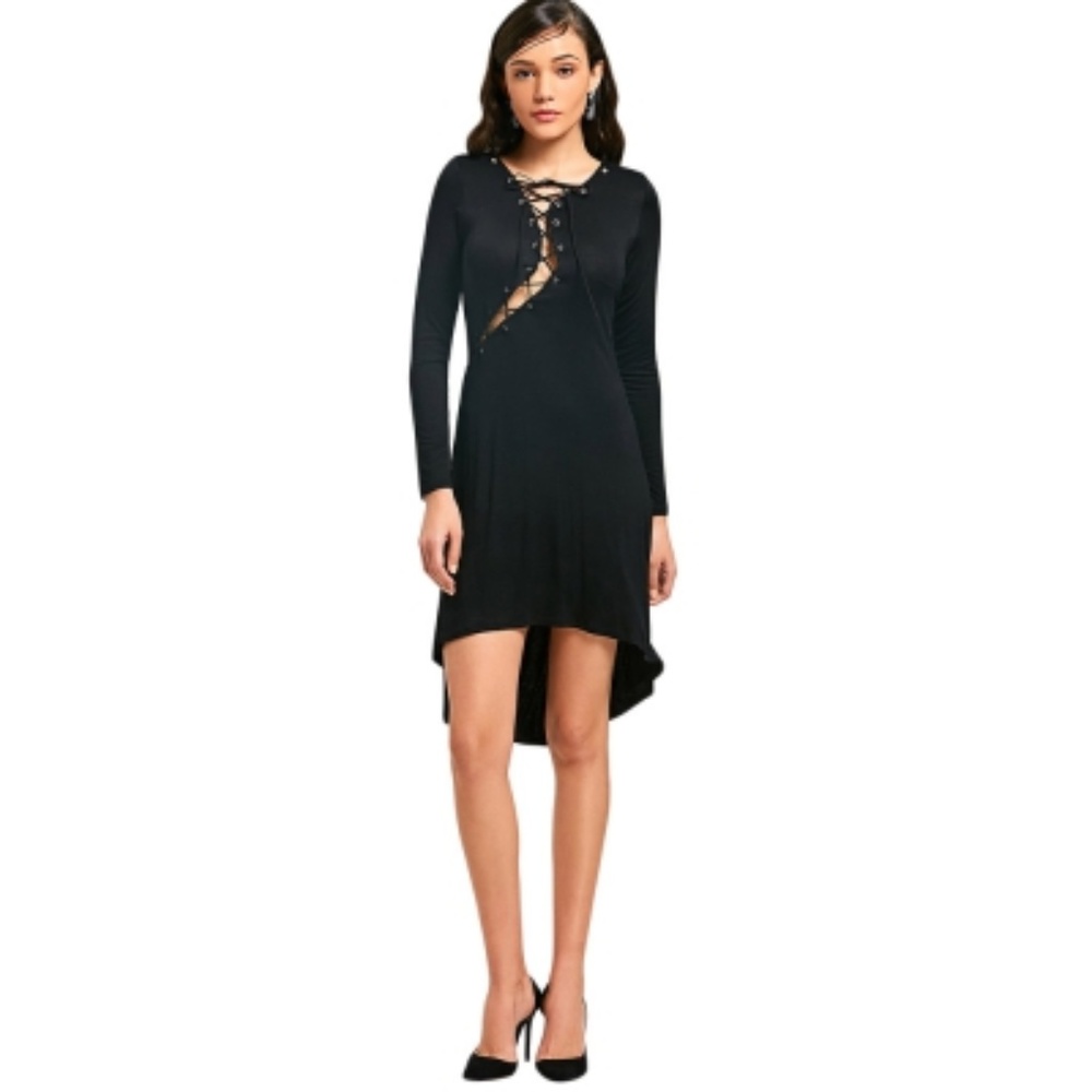 Black Lace Up Jersey Cocktail Dress - Picture 2 of 6
